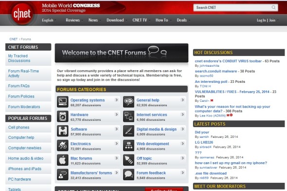 login window of cnet forum